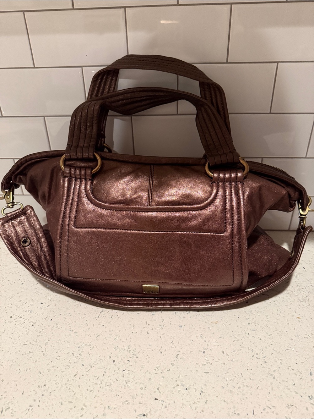 Kooba Metallic Bronze Brown Leather Satchel Shoulder Bag Y2K Boho